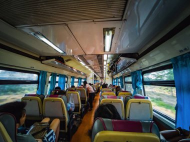 Bangkok/Thailand-20 Apr 2019:Unacquainted passenger travel by Train from Bangkok to Pattaya.Thailand train the famous and vintage transport type in thailand.