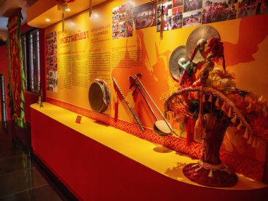 Udon Thani/Thailand-11 Dec 2017:Chinese opera dress and old music intrument in San Chao pu ya Shrine foundation museum at Udon Thani City Thailand.