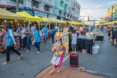 Krabi/Thailand-22 July 2017:Thai Small Girl Street performers Dancing thai folk dance on Krabi city walking street.Krabi - in southern Thailand is one of the most relaxing places on the planet.
