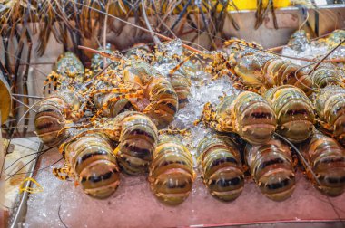 Tayland sokak yiyecek standında buzlu ıstakoz..