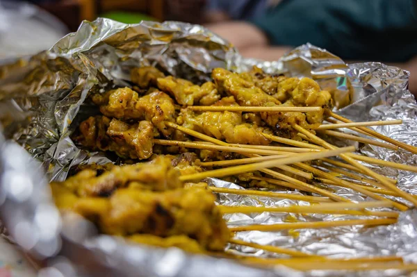 Close Pork Satay Skewer Dried Bamboo Foy Thai Pork Satay — Stock Photo, Image