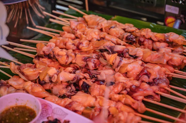 Close Raw Squid Meat Skewer Banana Leaf Fresh Market Thailand — Stock Photo, Image