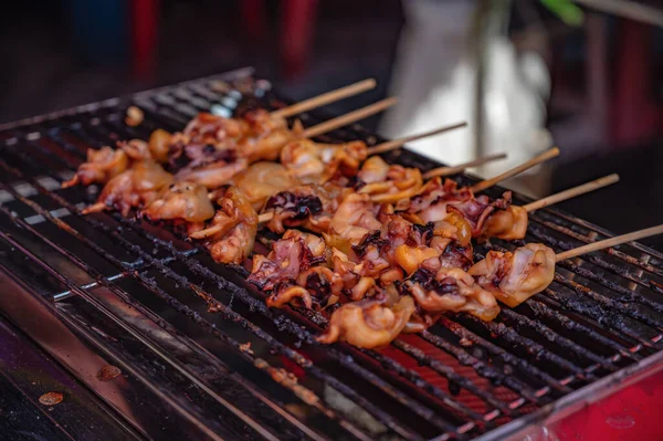 Close Raw Squid Meat Skewer Stove Fresh Market Thailand Spicy — Stock Photo, Image