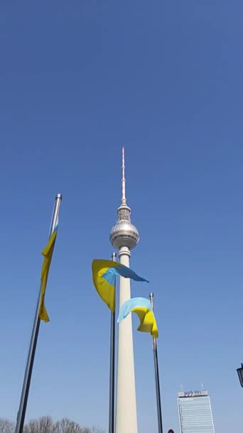 Украинский Флаг Размахивающий Перед Телебашней Берлина Недалеко Roted Rathaus Берлине — стоковое видео
