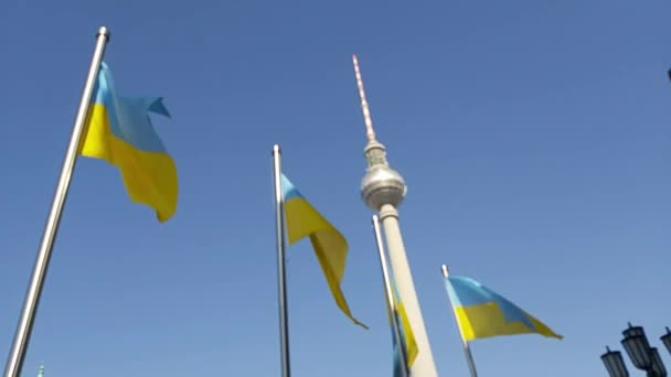 Ukrainian Flag Waving Front Tower Berlin Far Roted Rathaus Berlin — Stock Video