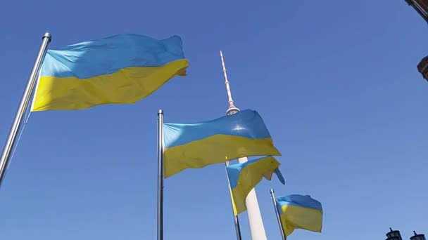 Bandera Ucrania Ondeando Frente Torre Berlín Muy Lejos Roted Rathaus — Vídeo de stock