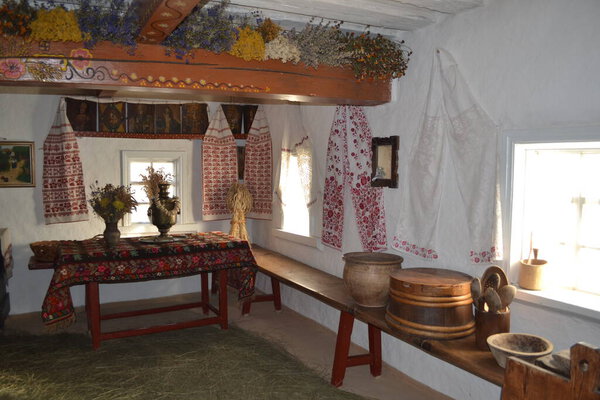 Pereyaslav-Khmelnitsky, Ukraine: Traditional interior of the old Ukrainian hut in the museums of folk architecture, Pereyaslav-Khmelnitsky