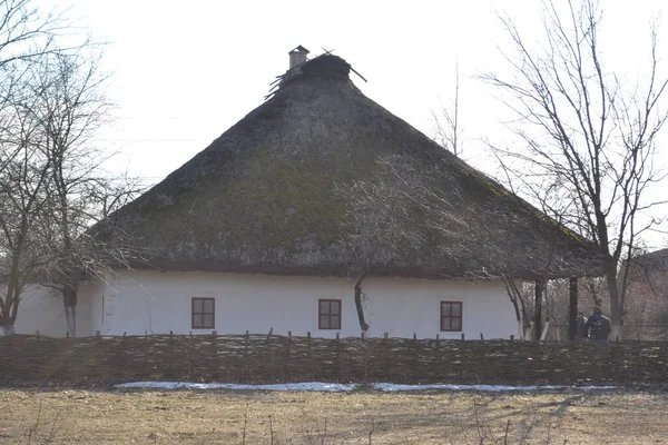 ウクライナのペレイスラフ 茅葺き屋根の古代の粘土の家の景観 民俗建築と中世の生活の博物館 Naddnipryanshchyna — ストック写真