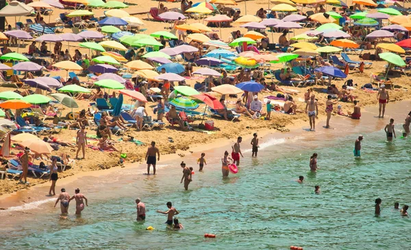 Golden Bay Mellieha Malta July 2022 Crowded Sandy Beach Green — Zdjęcie stockowe