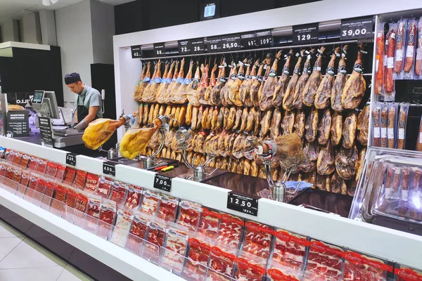 June 2022 Seville Spain Hanging Cured Hams Wall Spanish Supermarket — Stock Photo, Image