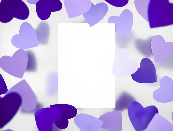 Very peri, hearts in trending color on a white foggy background. Cards for Valentines Day in purple tones. — Fotografia de Stock