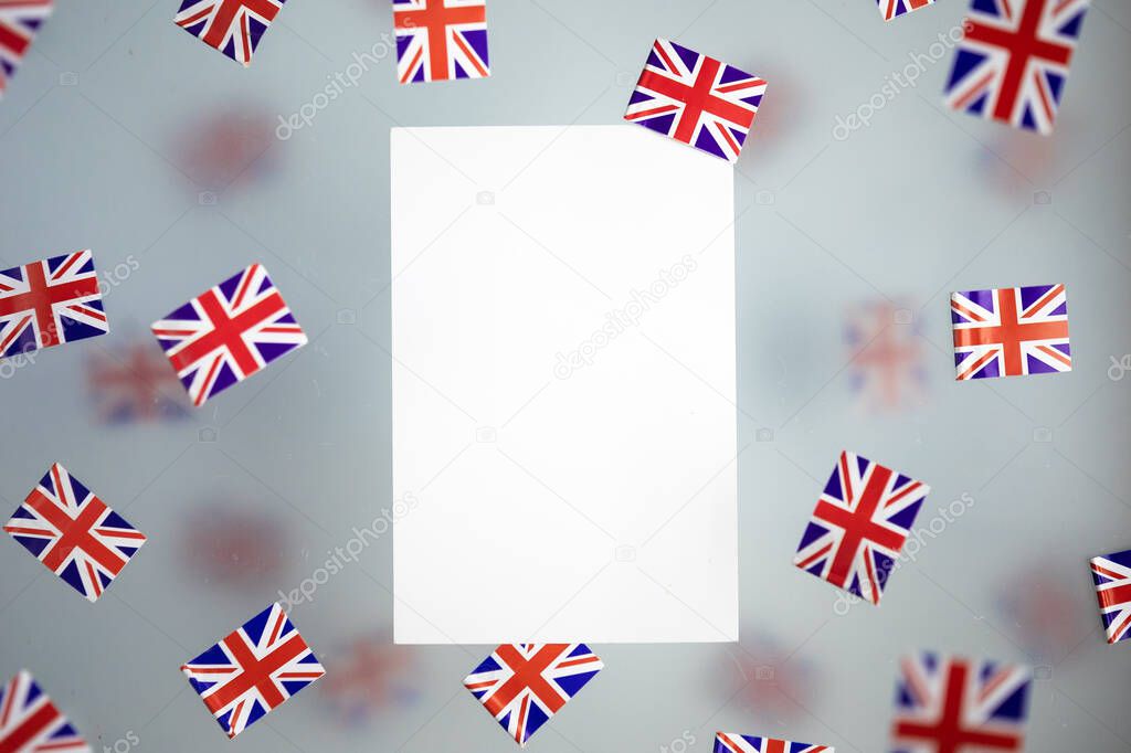 Great Britain, national holiday country. Mini flags on a transparent foggy background. concept patriotism, pride and freedom. Platinum Jubilee of Queen Elizabeth II.