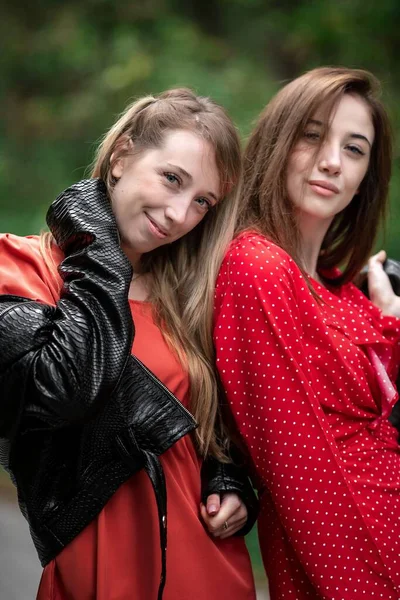 Girl Light Red Airy Dress Leather Jacket Rockstyle Empty Road — Stock Photo, Image