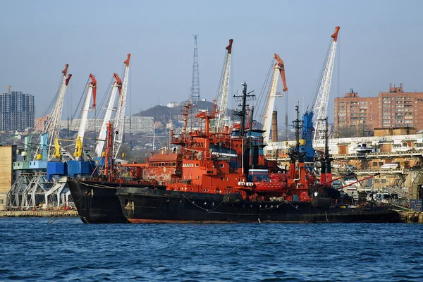 Red-black ships and harbour cranes in Vladivostok, Russia