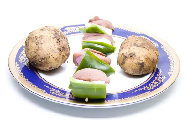 Shashlik Spit with Potato on Plate — Stock Photo, Image