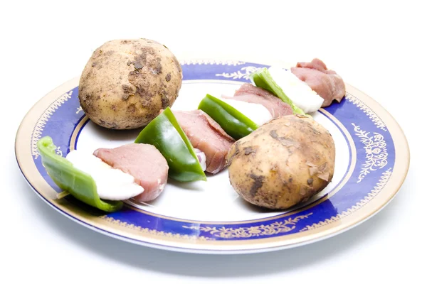 Shashlik Spit with Potato on Plate — Stock Photo, Image