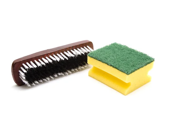 Escova de mão com esponja de cozinha — Fotografia de Stock