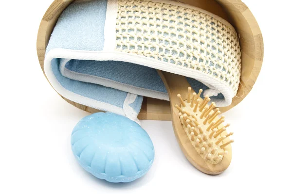 Massageborstel met spons en zeep — Stockfoto