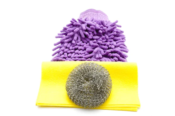 Pot Sponge with Dust Wiper and Kitchen Cloth on white background — Stock Photo, Image