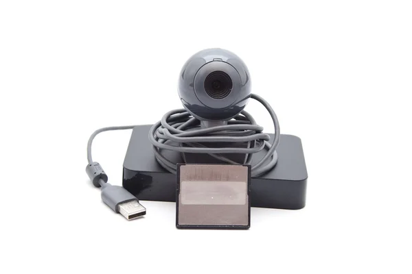 Webcam com disco rígido externo e meio de cartão — Fotografia de Stock