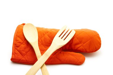 tahta kaşıkla kırmızı potholder eldiven