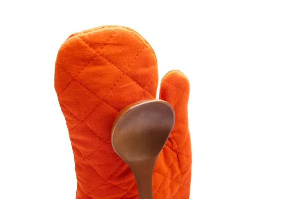 Red Potholder Glove with Wooden Soup Spoon — Stock Photo, Image