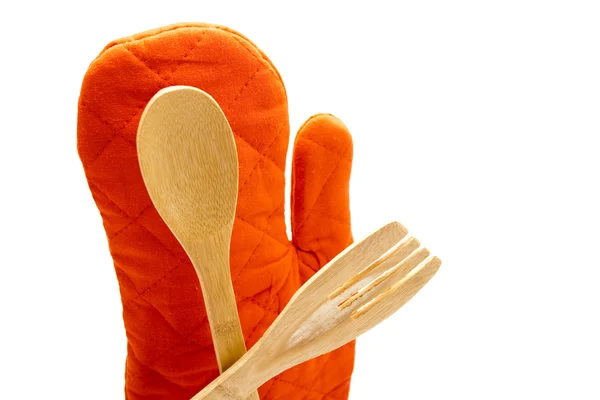 Red Potholder Glove with Wooden Spoon — Stock Photo, Image