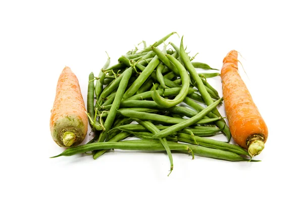 Fresh Green Stick beans with Carrots on white background — Stock Photo, Image