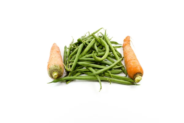 Fresh Green Stick beans with Carrots on white background — Stock Photo, Image