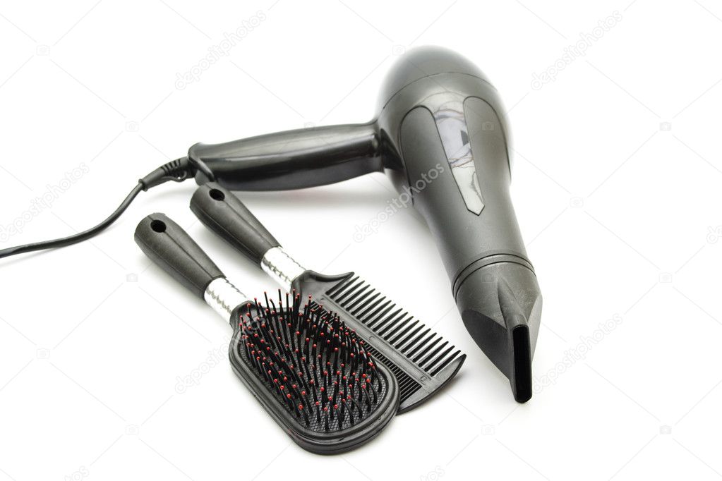 Hairdryer with Hairbrush on white background