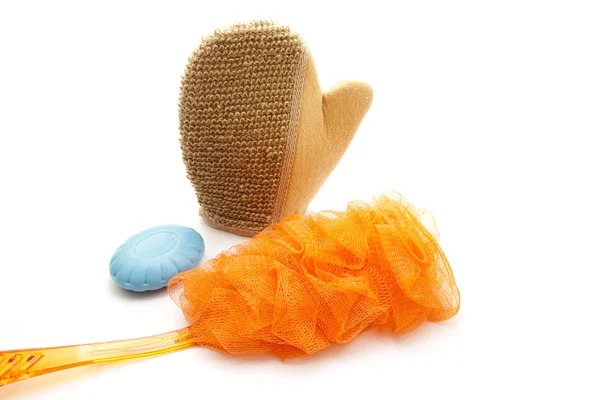 net sünger ve mavi sabun masaj eldiveni