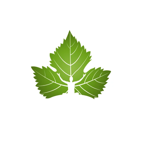 Yoga logo on green leaf — Stock Vector