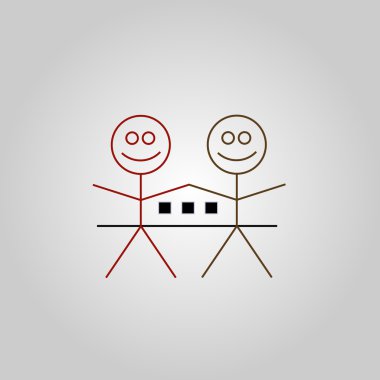 İçinde ev logosu olan iki mutlu çöp adam.