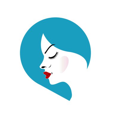 Mavi bir yerde bir bayanın yüzü. Güzellik logosu.