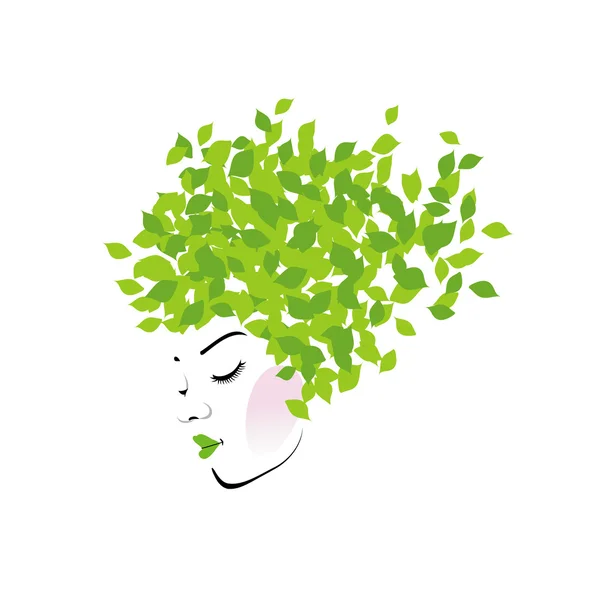 Μαλλιά με πράσινα φύλλα - Βιολογικό λογότυπο του προϊόντος για τα μαλλιά — Διανυσματικό Αρχείο