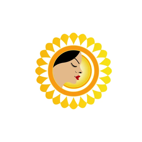 Sonnenbräunungslogo- Ein Gesicht mit einer leuchtend gelben Sonne — Stockvektor