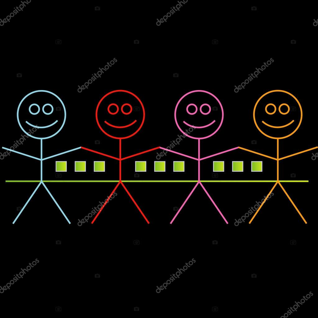 Four happy stick figures with house
