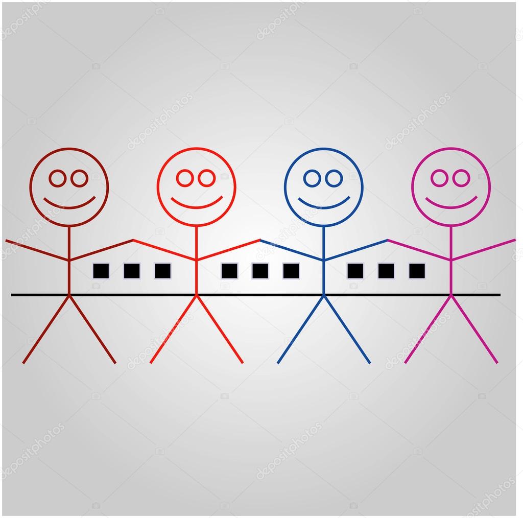 Four happy stick figures with house