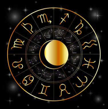 Zodiac astrolojisi, ay ve yıldızların siyah olduğu altın astrolojik işaretler etrafında dönüyor.