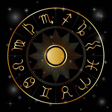 Zodiac astrolojisi, ay ışığı ve yıldızların siyah olduğu altın astrolojik işaretler etrafında dönüyor.