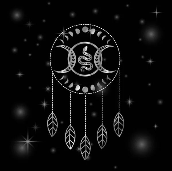 Mandala Attrapeur Rêves Serpent Magique Mystique Avec Phases Lune Étoiles — Image vectorielle
