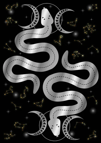 Serpientes Sacras Mágicas Ocultas Místicas Esotéricas Con Estrellas Constelaciones Plata — Archivo Imágenes Vectoriales