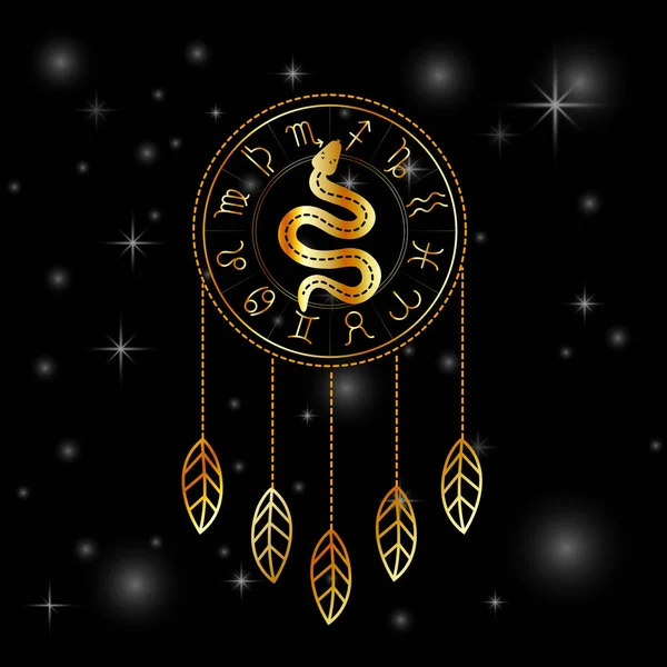 Dreamcatcher Zodiac Symbolen Astrologie Horoscoop Tekens Met Mystieke Slang Goud — Stockvector