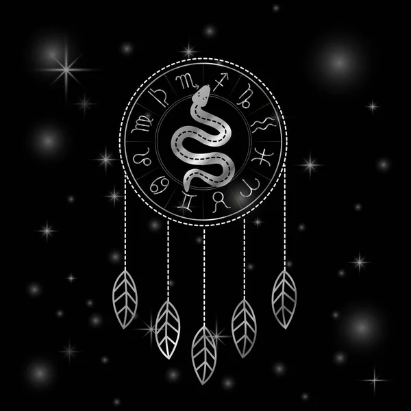 Dreamcatcher Symboles Zodiaque Astrologie Signes Horoscopiques Avec Serpent Mystique Argent — Image vectorielle