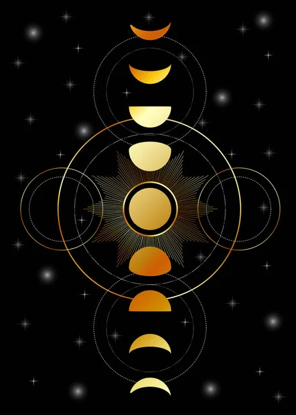 Celestial Moon Phases Stars Galaxy Gold — Stock Vector