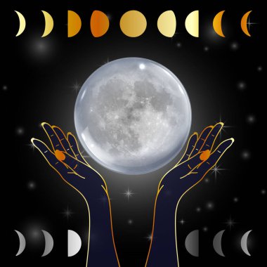 Dolunayı tutan eller yıldızlı bir arka planda ay evreleriyle