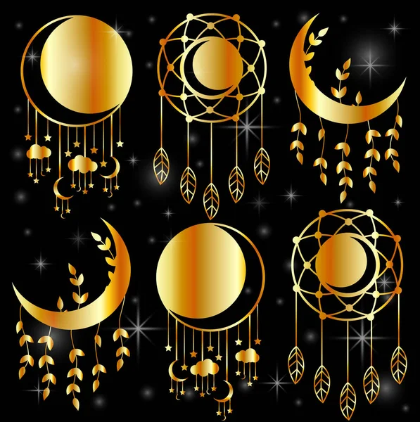 Mystic Moon Dekorativní Lapače Snů Zlatě — Stockový vektor