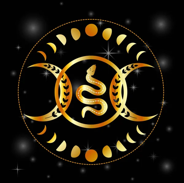 Μύστης Φίδι Χρυσό Μαντάλα Τριπλή Θεά Και Φεγγάρι Φάσεις — Διανυσματικό Αρχείο