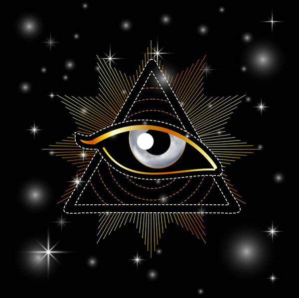 All seeing eye of Providence or Illuminati pyramid masonic symbol golden