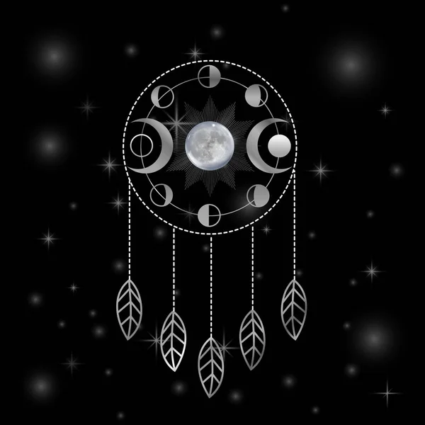 Silver Triple Goddess Dreamcatcher Avec Phases Lune — Image vectorielle